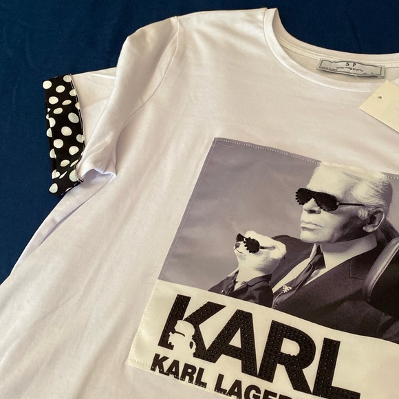NWT white & Black Tee Top Satin Appliqué Icon Karl Lagerfeld Black Embellishment - Picture 15 of 16